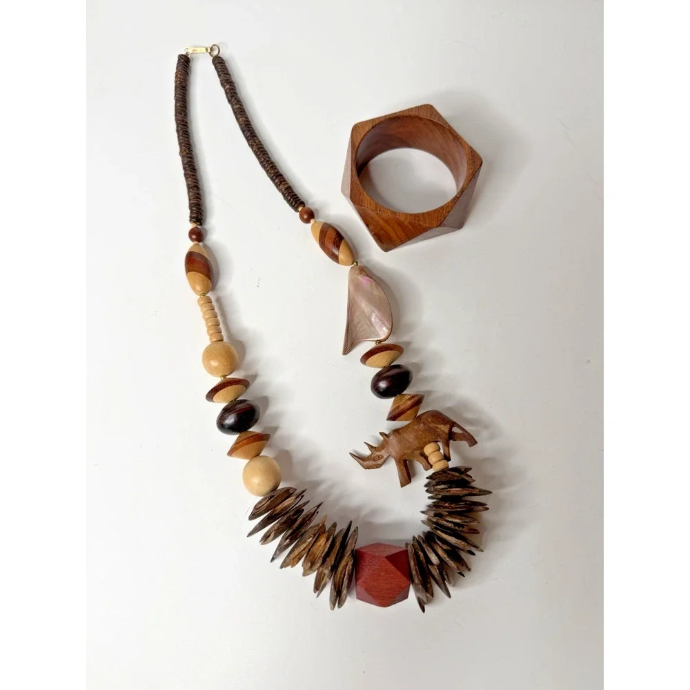 Wood Jewelry Lot Statement Necklace Geometric Bangle Boho Tribal Artisan Shell